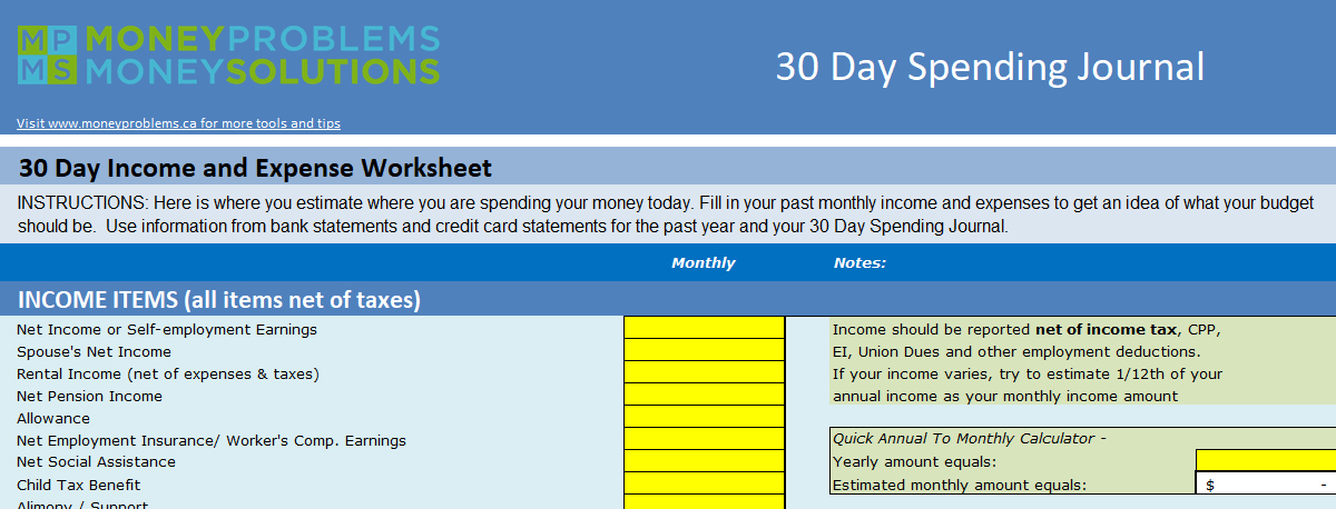30 Day Spending Journal Worksheet